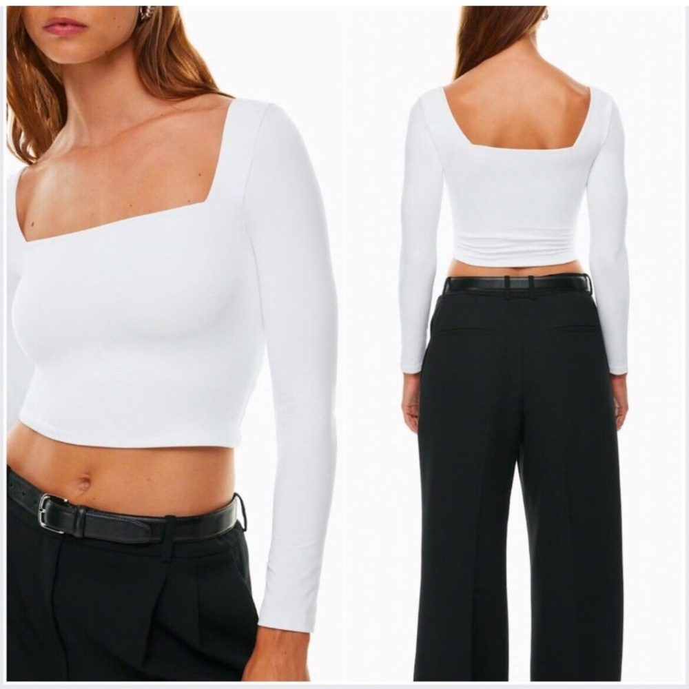 Aritzia Babaton White Long Sleeve Cropped Square Neck Knit Top